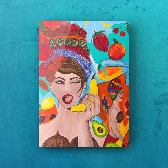 Fruit is Life, medium size painting, vegan, vegetarian woman, original home deco - Picture 7 of 7